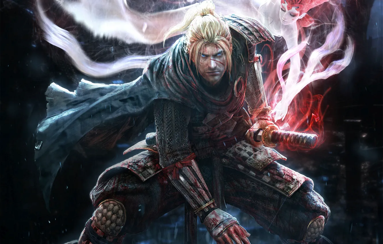 Photo wallpaper look, rain, magic, blood, spirit, sword, katana, warrior