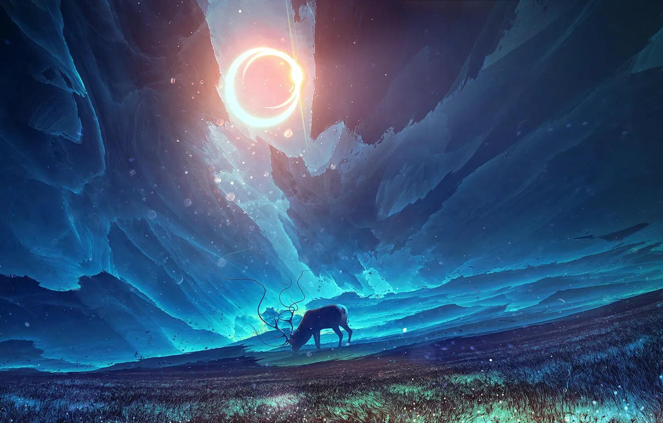 Photo wallpaper the sun, surrealism, deer, art, art