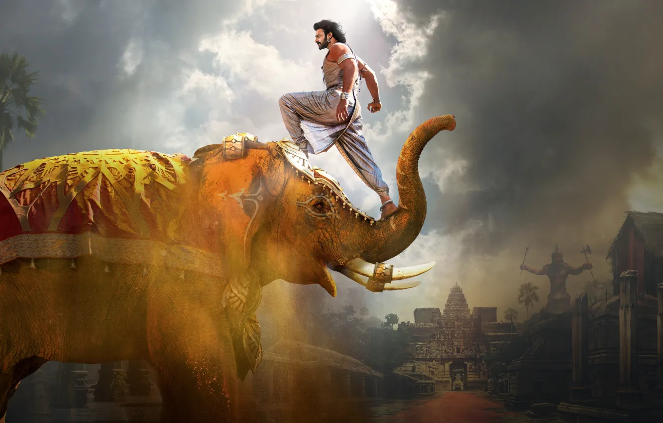 Photo wallpaper actor, temple, Elephant, tusks, trunk, Prabhas, Indian, Baahubali 2: The Conclusion
