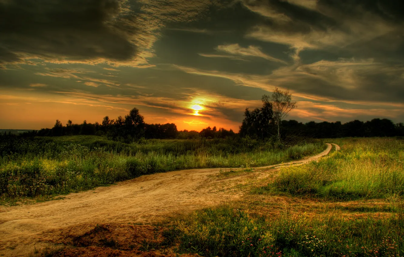 Photo wallpaper road, field, the sky, sunset, sky, landscape, nature, sunset