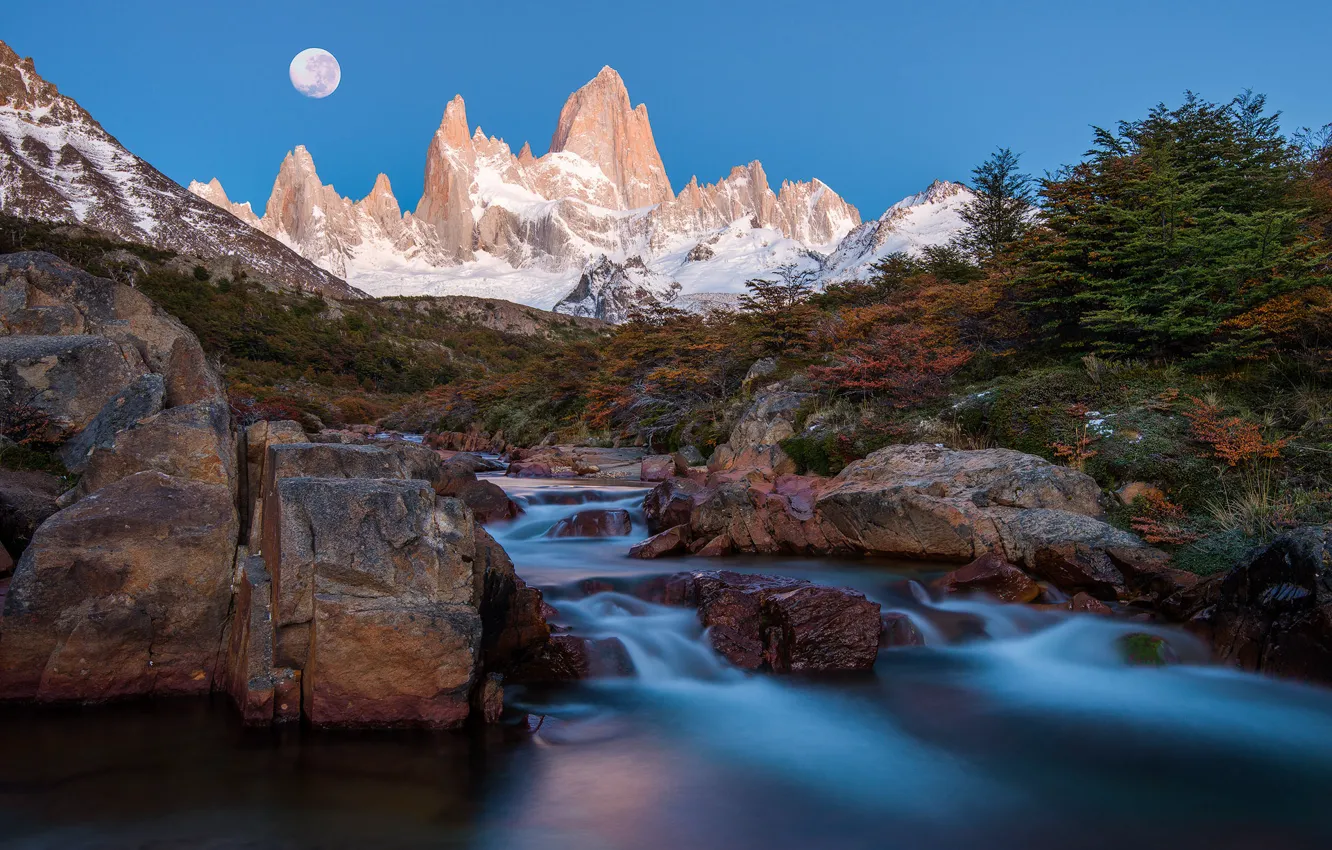 Photo wallpaper mountains, night, river, the moon, stream, peaks, Argentina, Andes
