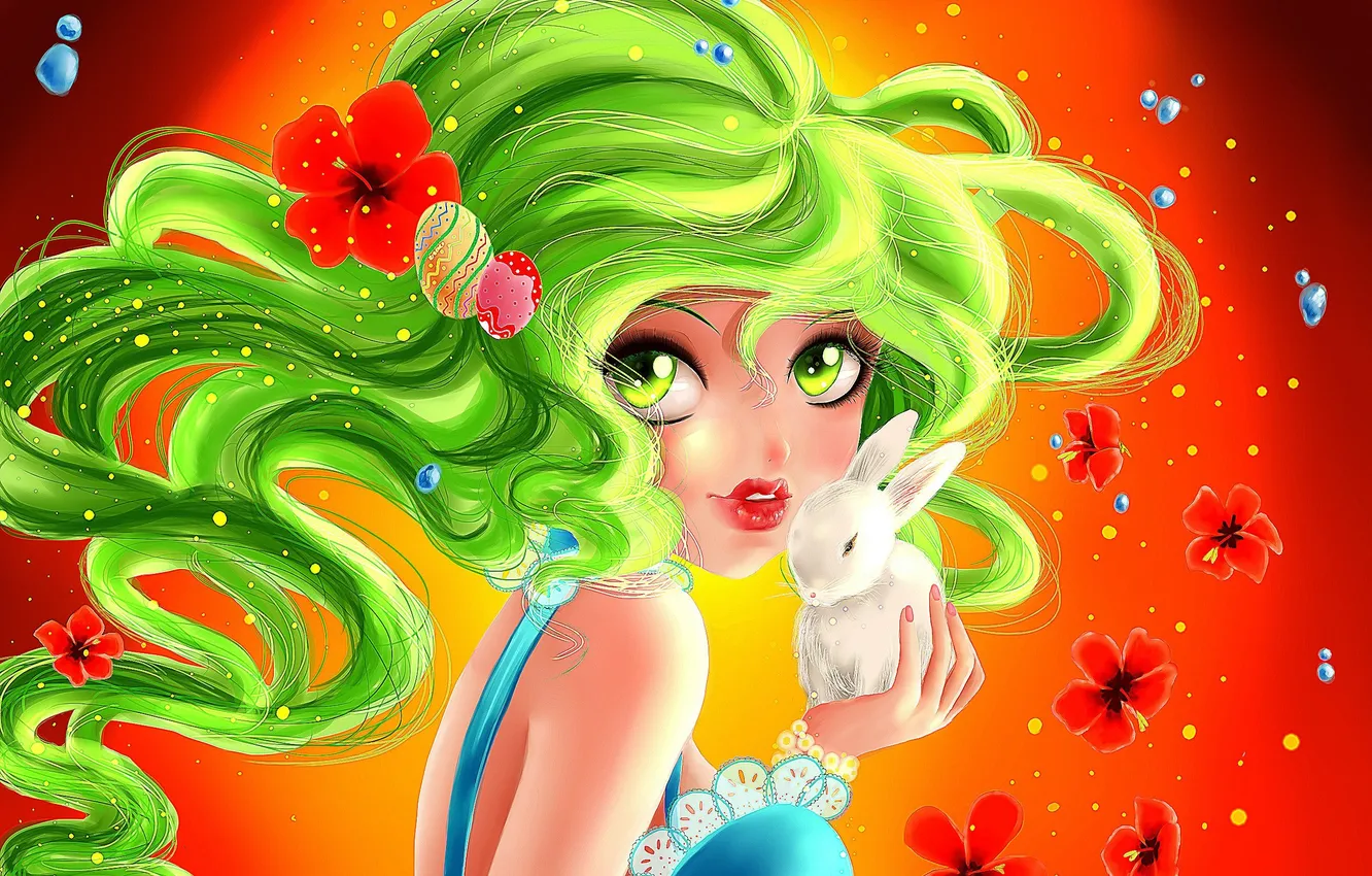 Photo wallpaper flower, look, girl, anime, rabbit, green hair, face. eyes
