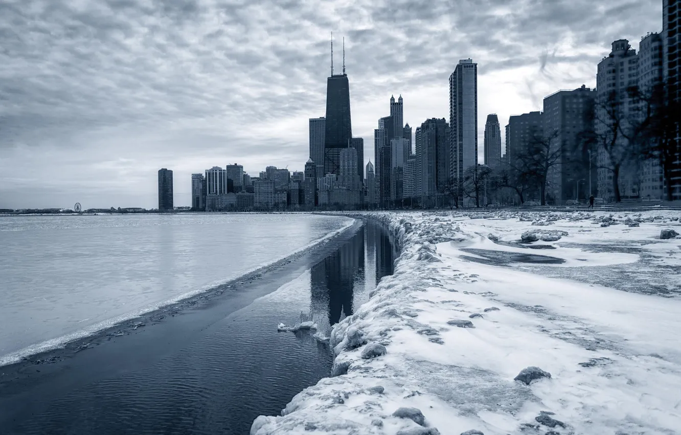 Photo wallpaper winter, snow, the city, river, skyscrapers, Chicago, Illinois