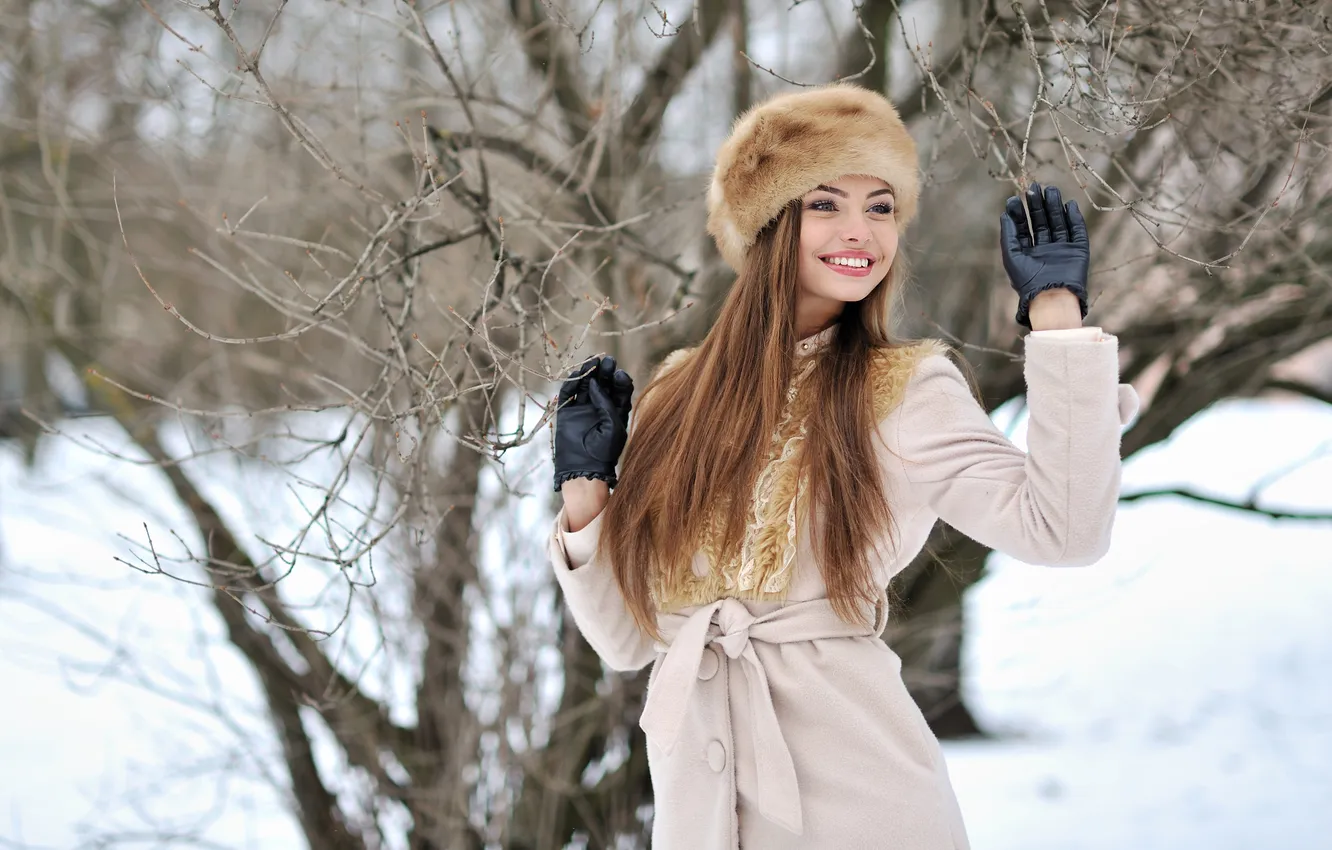 Photo wallpaper winter, look, girl, snow, trees, pose, smile, mood