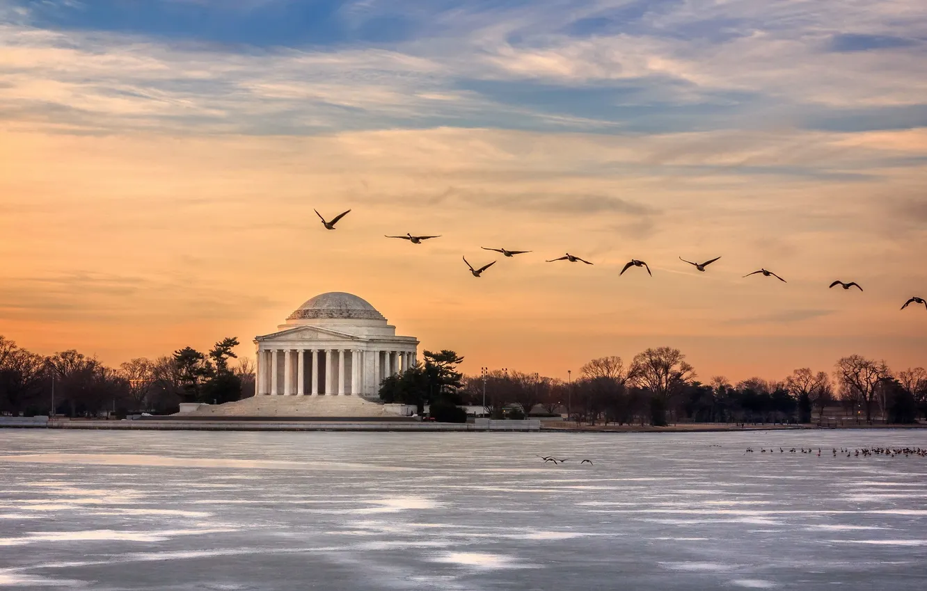 Photo wallpaper sunrise, Washington, Jefferson Memorial