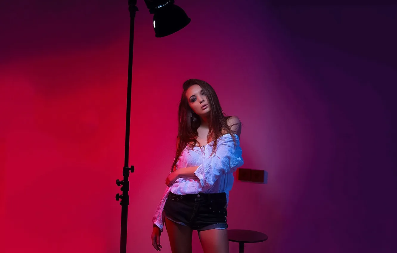 Photo wallpaper light, red, girl, white, blouse, studio, model, purple