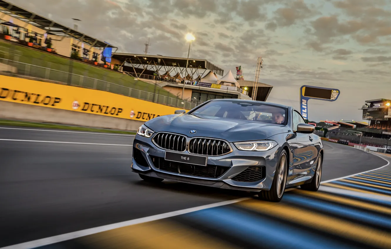 Photo wallpaper asphalt, coupe, track, BMW, Coupe, 2018, gray-blue, 8-Series