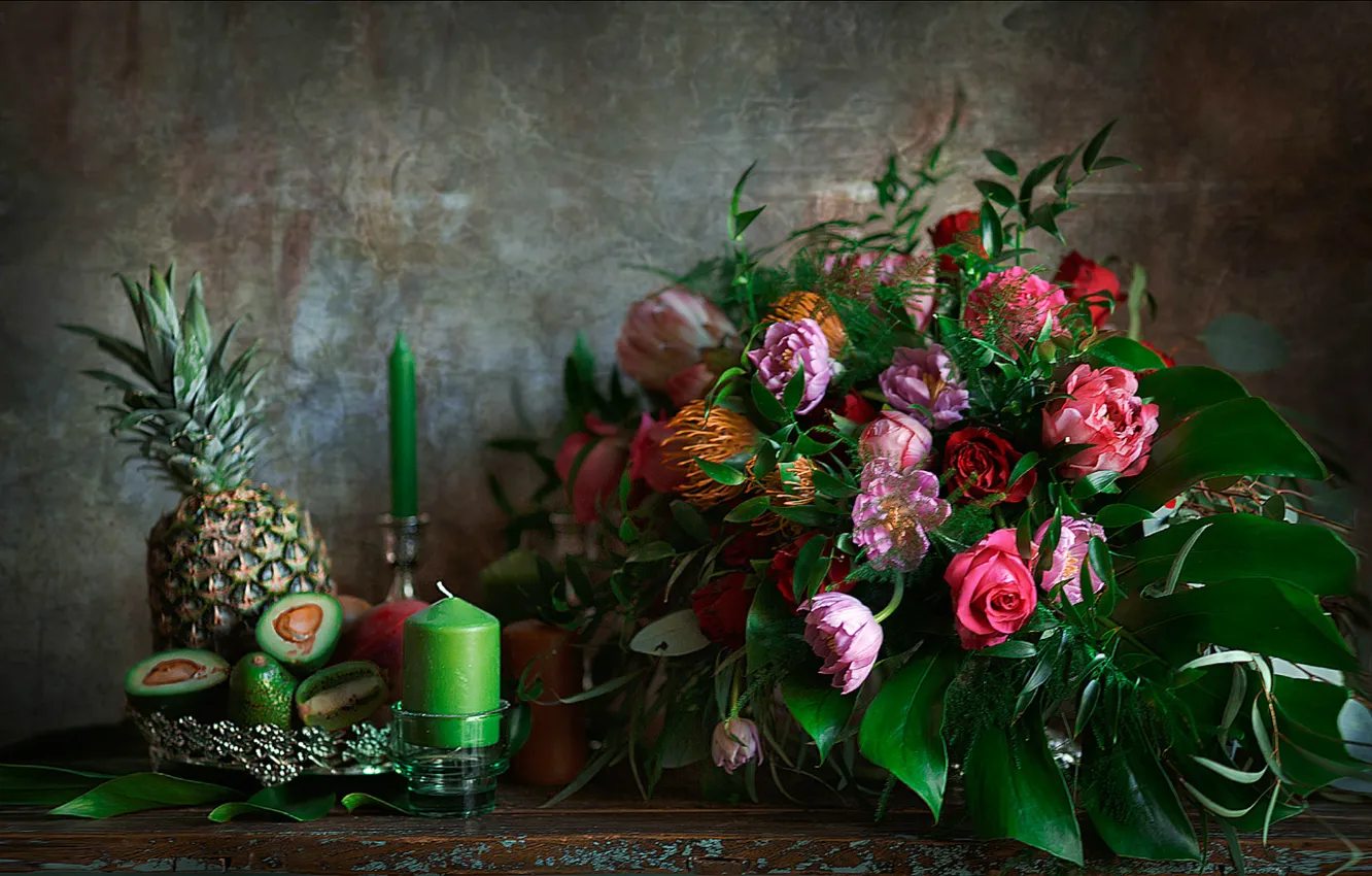 Photo wallpaper candles, Bouquet, pineapple, avocado
