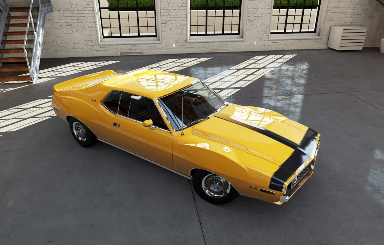 Photo wallpaper Car, Classic, Coupe, Yellow, Muscle car, AMX, AMC Javelin