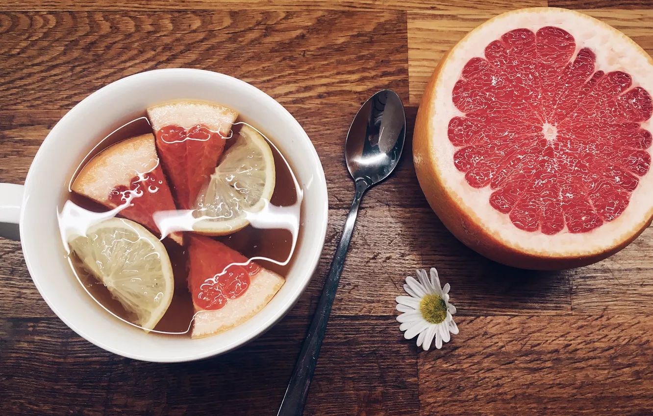 Photo wallpaper table, tea, grapefruit, slices