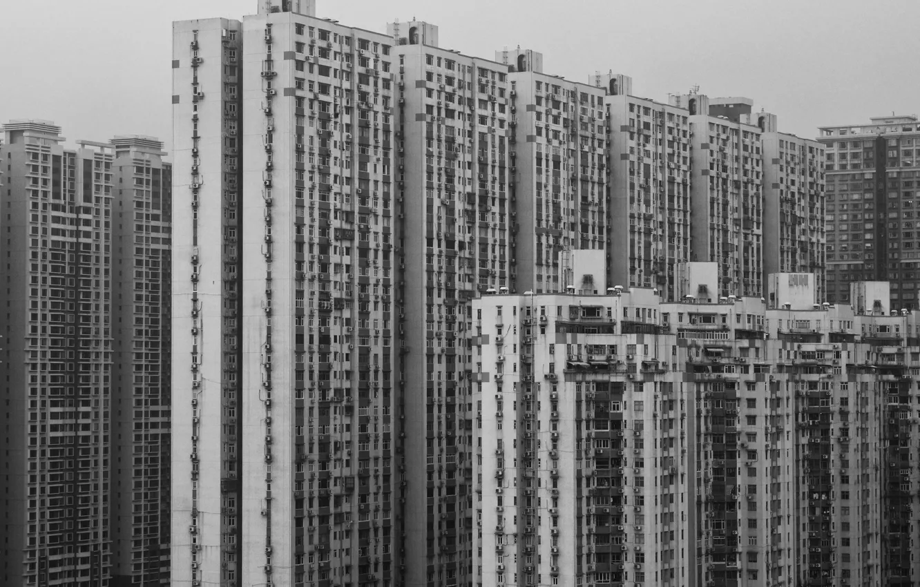 Photo wallpaper China, window, black and white, buildings, architecture, skyscrapers, Asia, b/w
