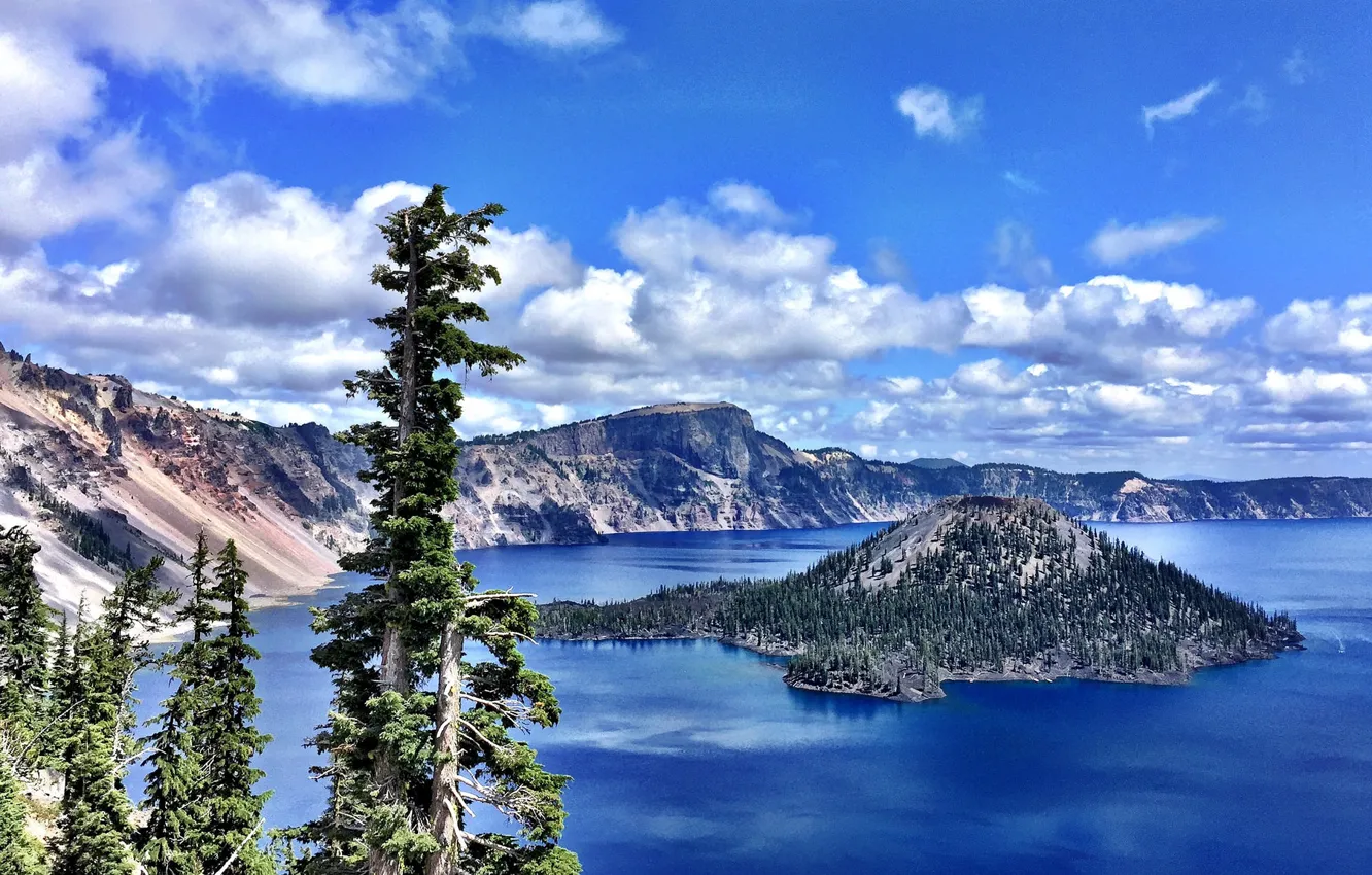 Photo wallpaper trees, island, Oregon, Oregon, Crater Lake, Crater Lake National Park, Crater Lake