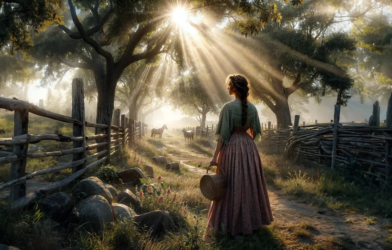 Photo wallpaper field, girl, the sun, rays, trees, stones, morning, fence