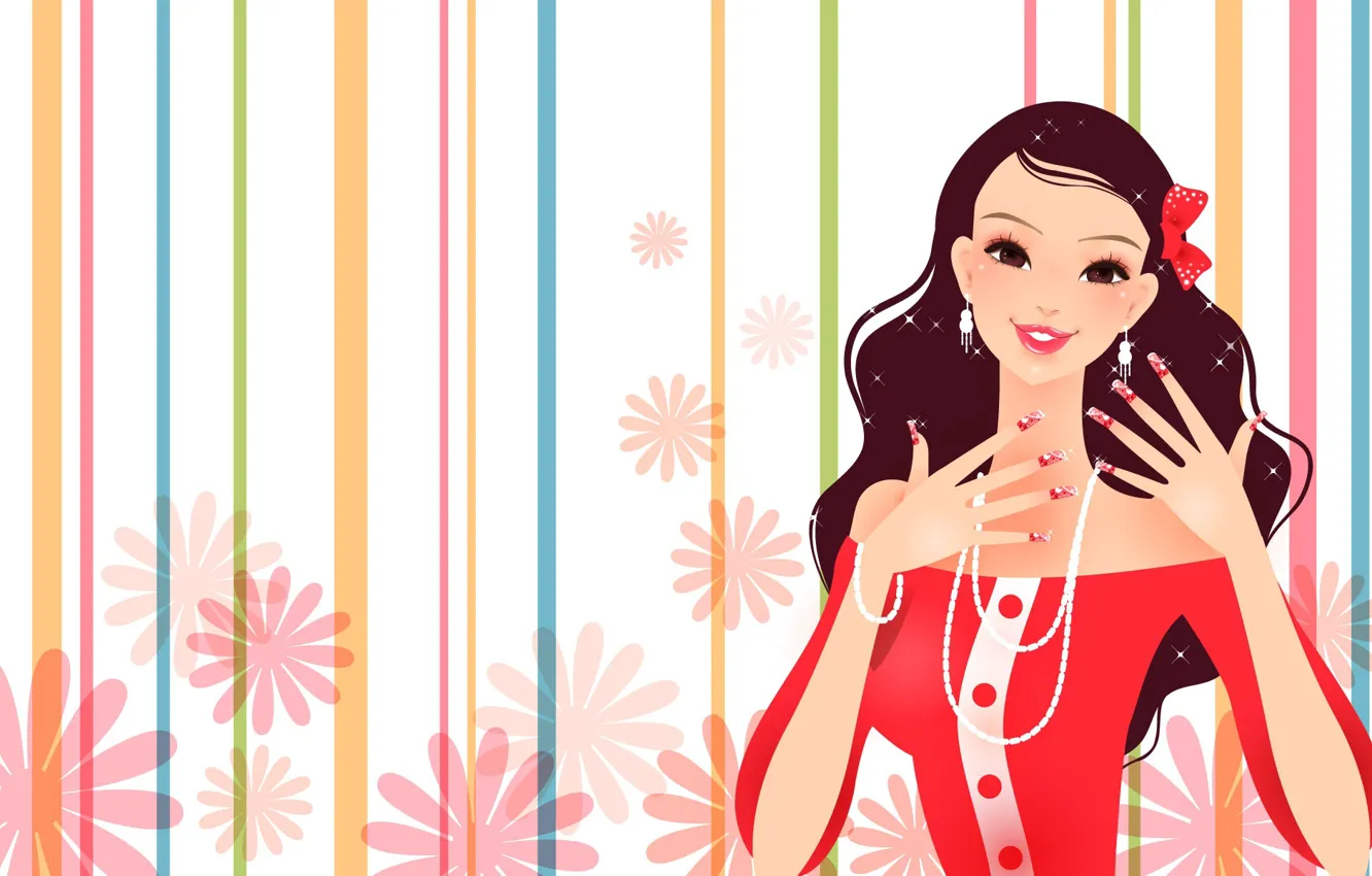 Photo wallpaper decoration, joy, flowers, smile, beads, fashion, bow, fashion