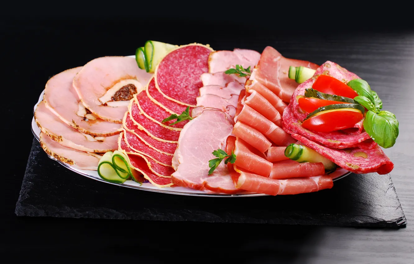 Photo wallpaper sausage, cutting, ham, Meat products