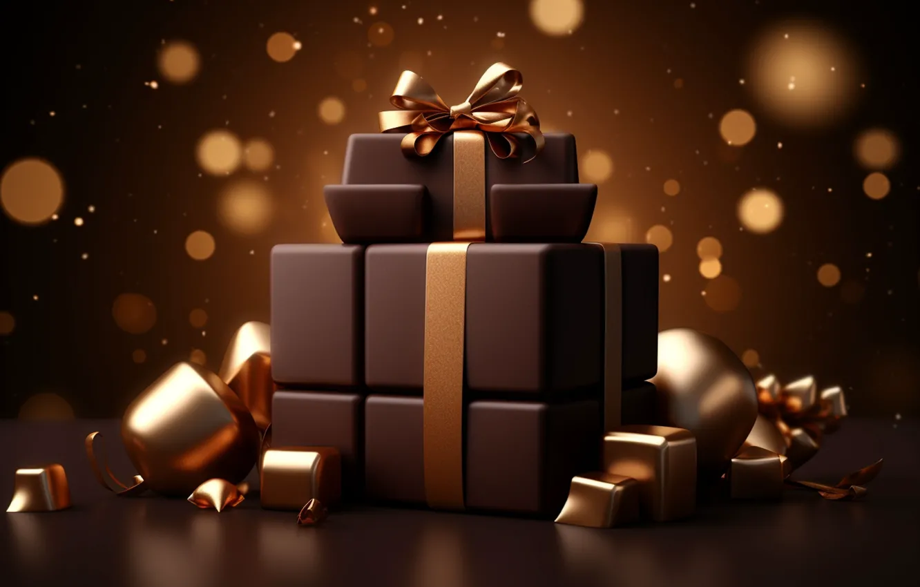 Photo wallpaper balls, the dark background, gift, new year, chocolate, Christmas, gold, gold plated