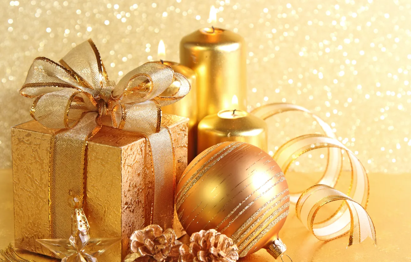 Photo wallpaper stars, balls, box, gift, candles, tape, bumps