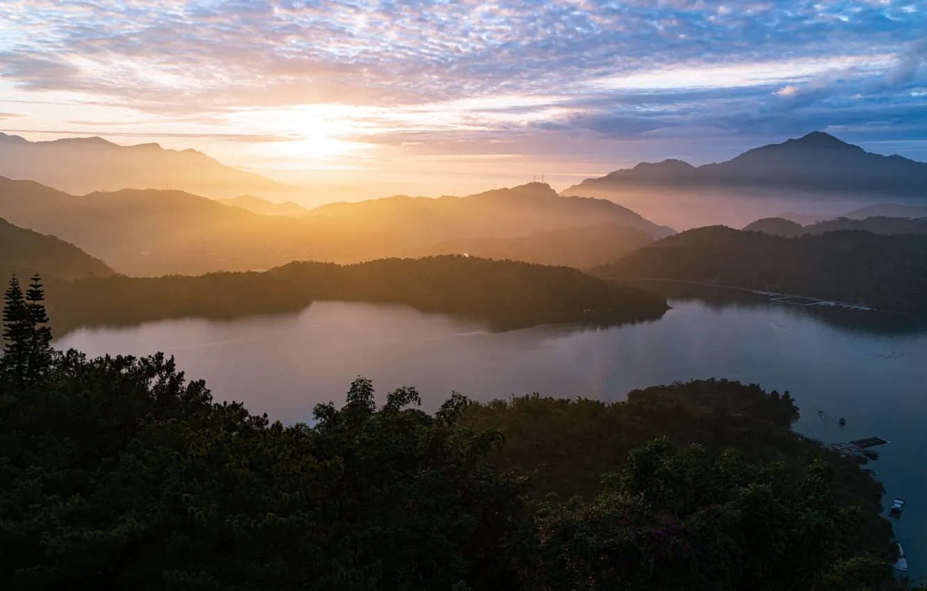 Photo wallpaper forest, sunset, nature, river, hills, height