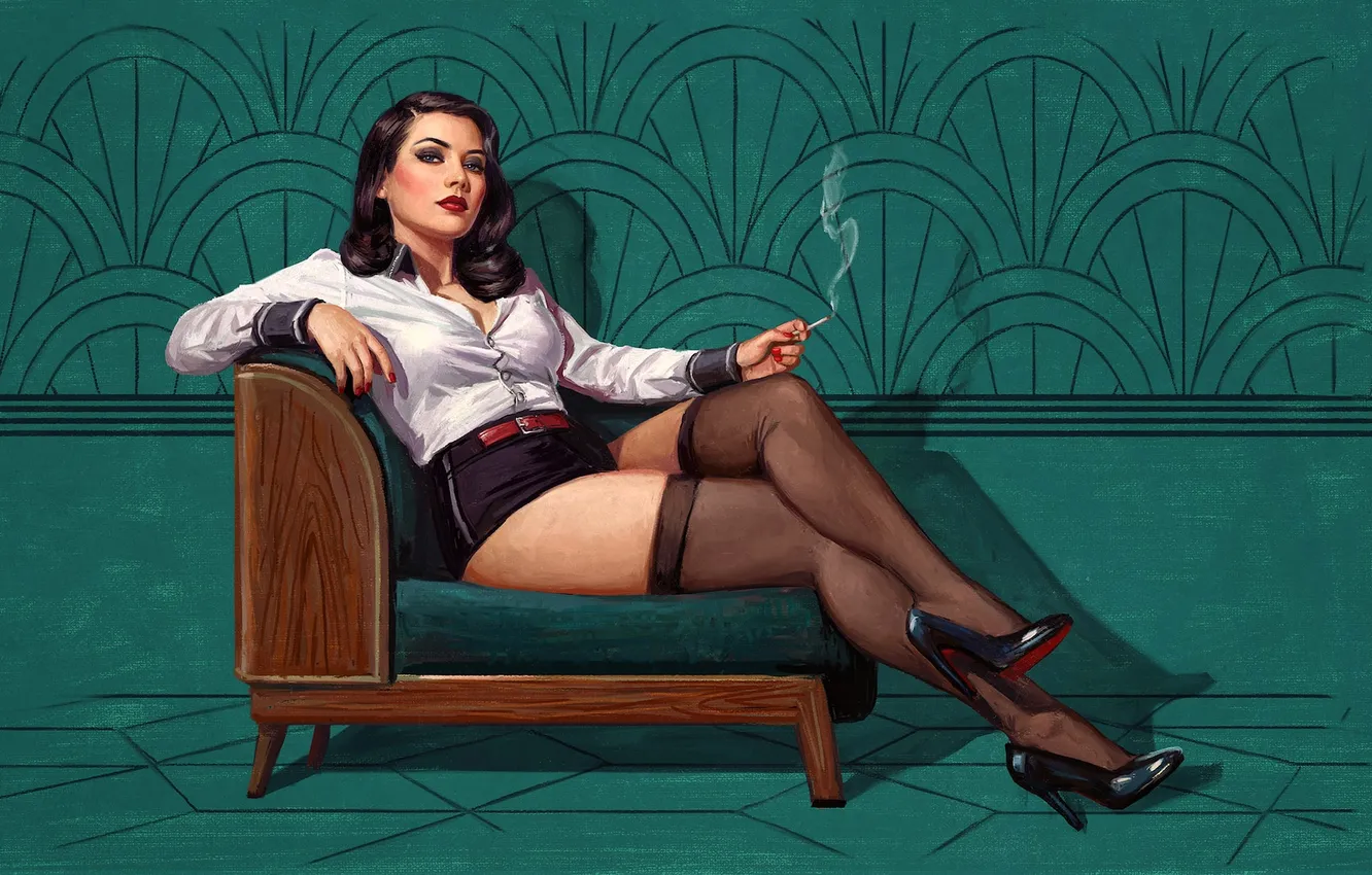 Photo wallpaper girl, smoking, stockings, rendering