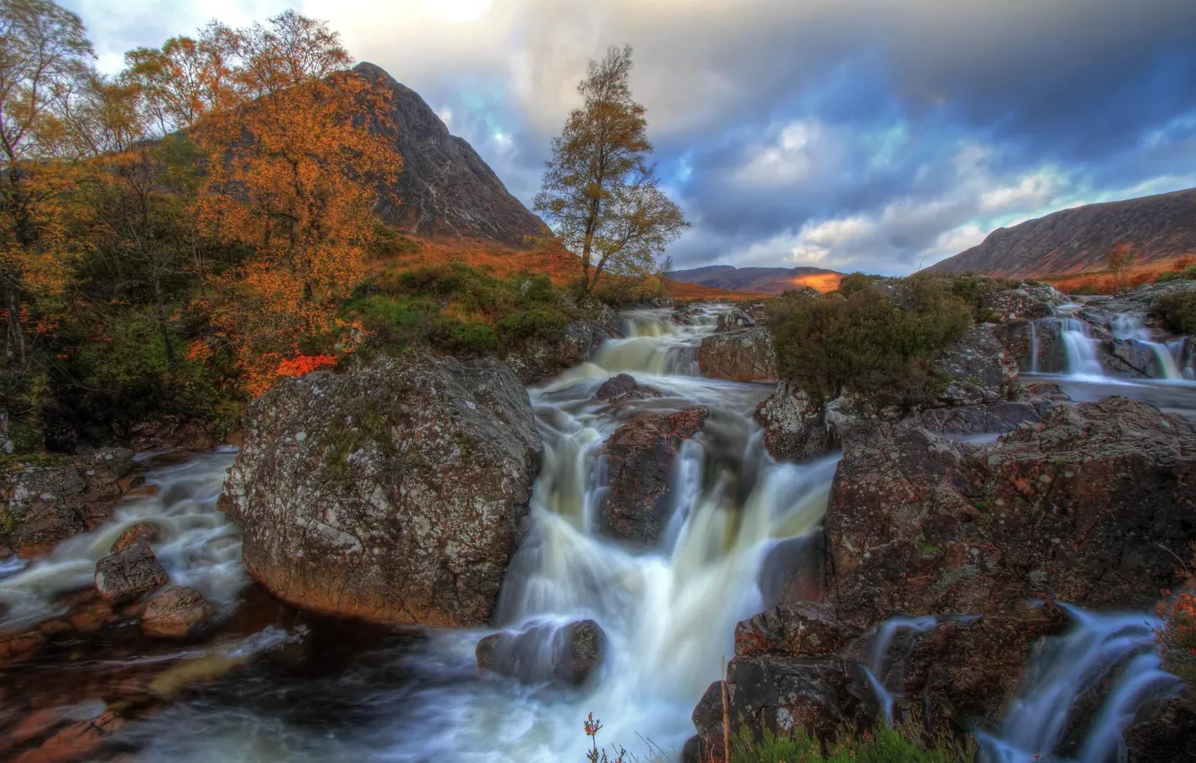 Photo wallpaper autumn, landscape, nature, river, stones, waterfall, the volcano, valley