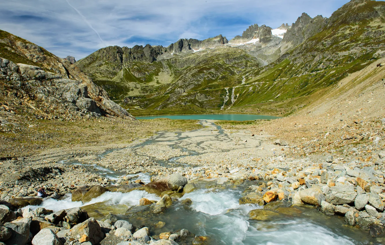 Photo wallpaper mountains, nature, lake, stones, photo, Switzerland, Stein glacier
