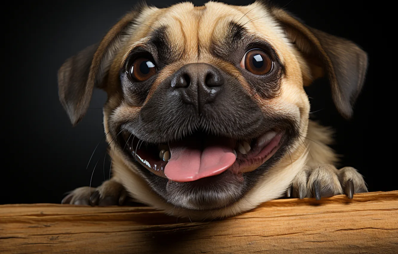 Photo wallpaper language, the dark background, dog, pug, front, digital art, AI art, The Art of Artificial …