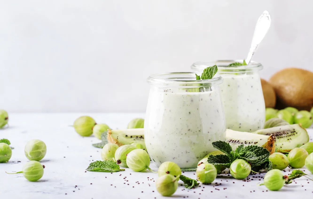 Photo wallpaper berries, Breakfast, kiwi, jars, fruit, mint, gooseberry, smoothies with yogurt
