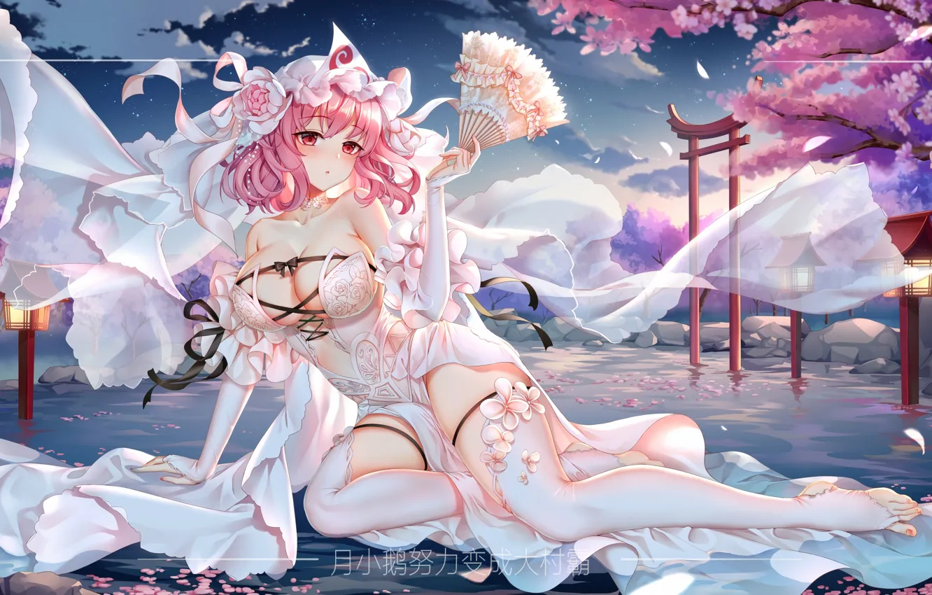 Photo wallpaper girl, sexy, cleavage, thighhighs, pink hair, touhou, dress, boobs