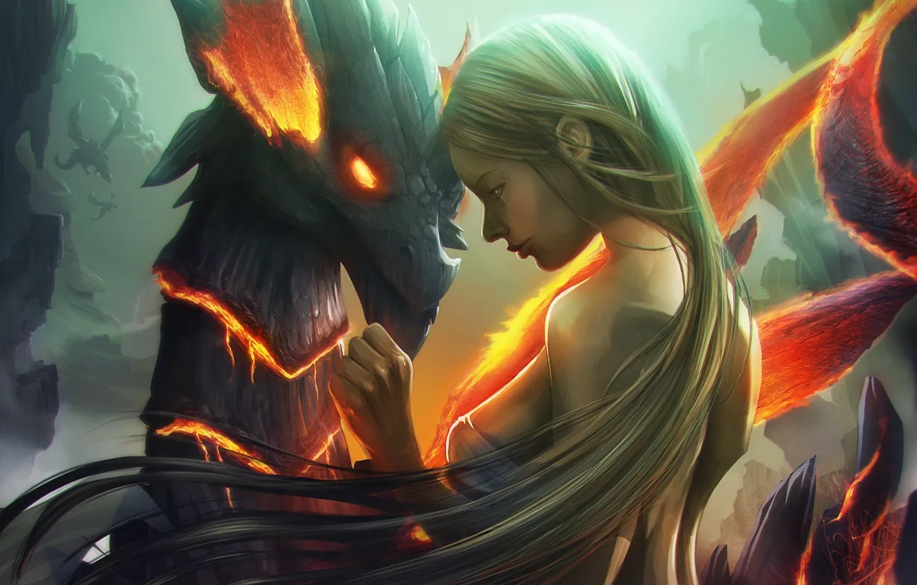 Photo wallpaper girl, lights, dragon, art, lava, profile
