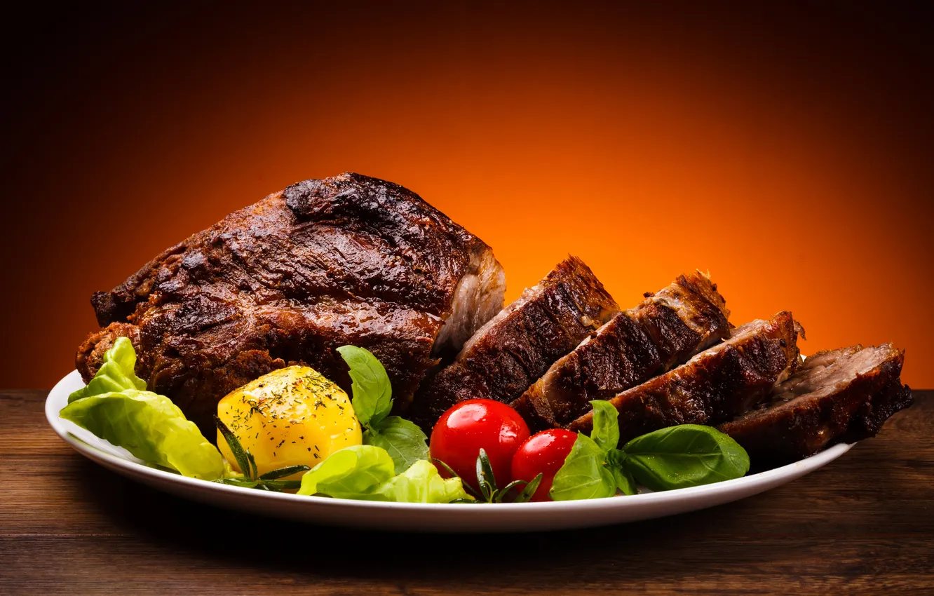 Photo wallpaper meat, tomato, dish, potatoes, grilled meat
