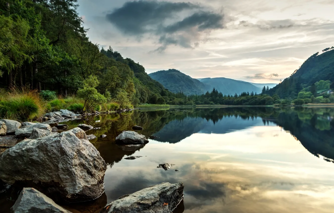 Photo wallpaper clouds, sunset, lake, reflection, valley, Ireland