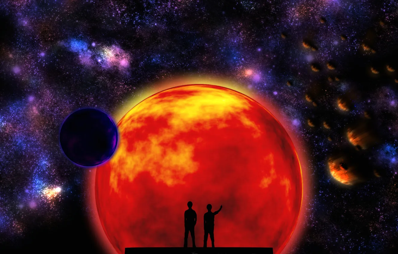 Photo wallpaper the sky, space, stars, people, planet, silhouette