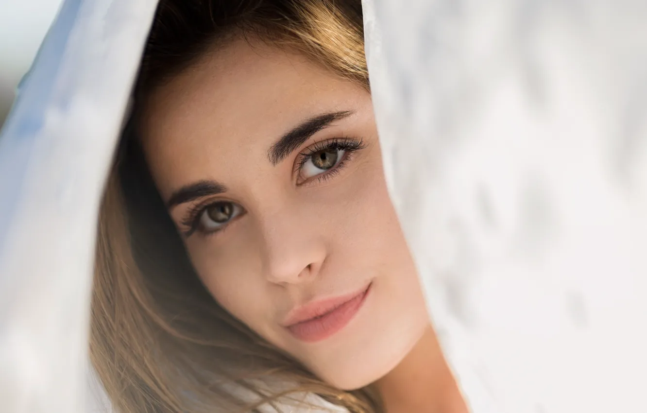 Photo wallpaper look, girl, portrait, makeup, hairstyle, beautiful, white fabric, Christopher Rankin