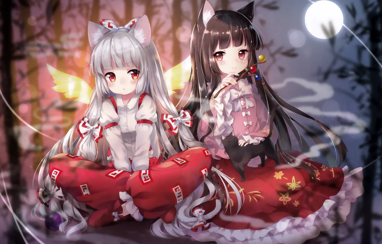 Photo wallpaper background, art, girl, touhou, Fujiwara no Mokou, kaguya houraisan, Touhou