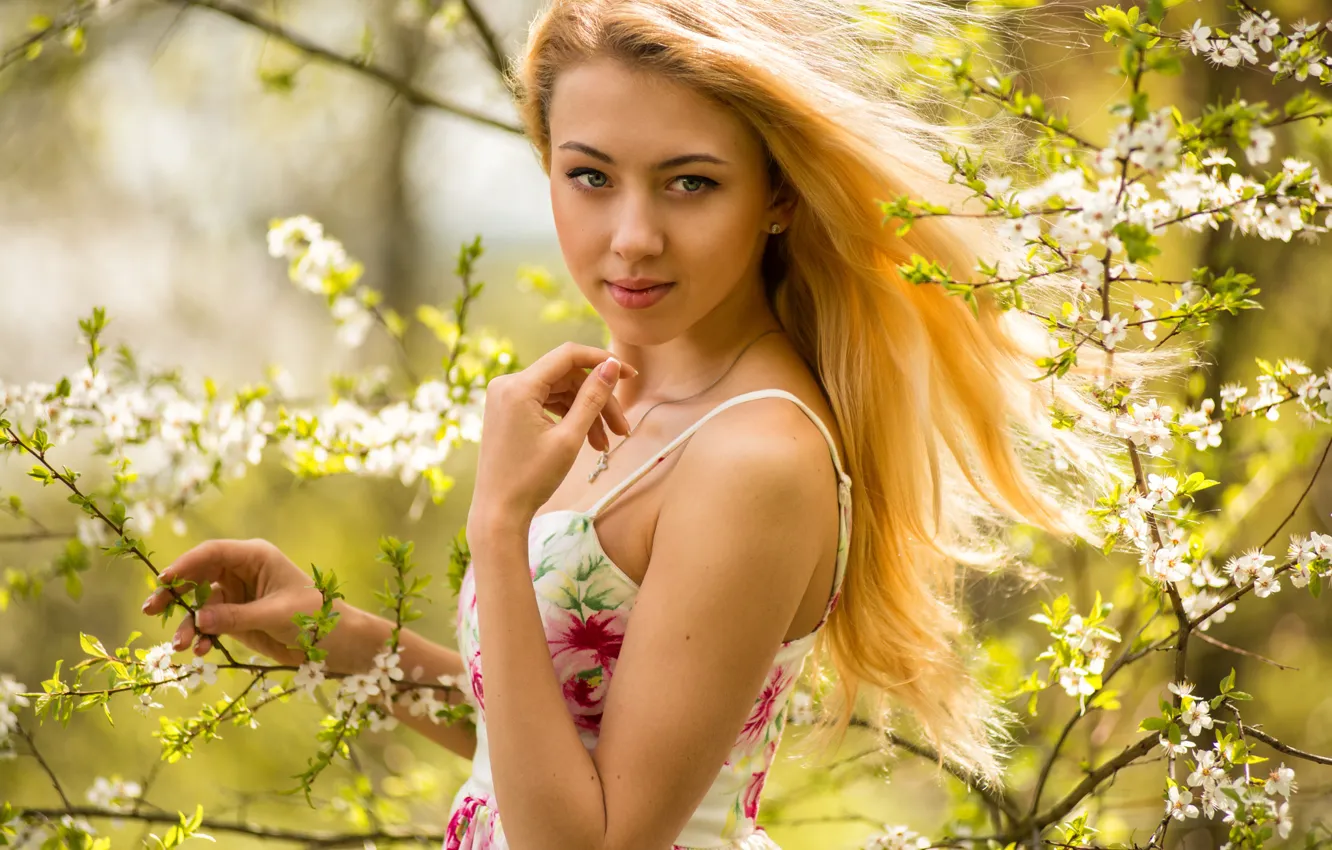 Photo wallpaper look, girl, flowers, face, mood, sweetheart, model, spring