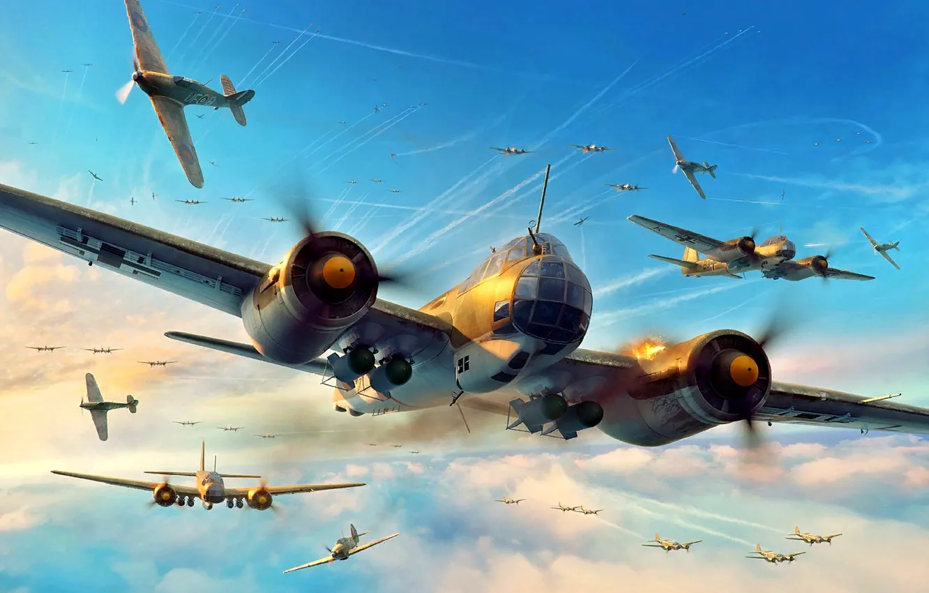 Photo wallpaper fighter, artwork, Hurricane, Junkers, RAF, Air force, Hawker, battle of britain