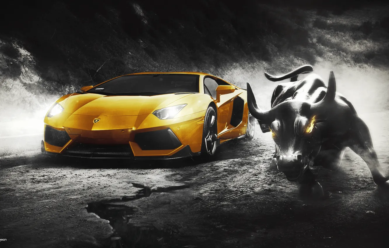 Photo wallpaper Lamborghini, Wall, Design, Yellow, LP700-4, Aventador, Supercar, Bull