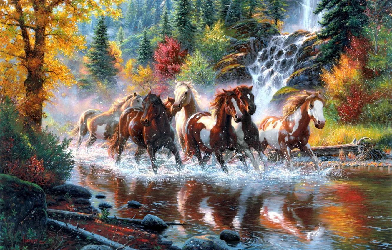 Photo wallpaper autumn, forest, trees, river, waterfall, horses, horse, art