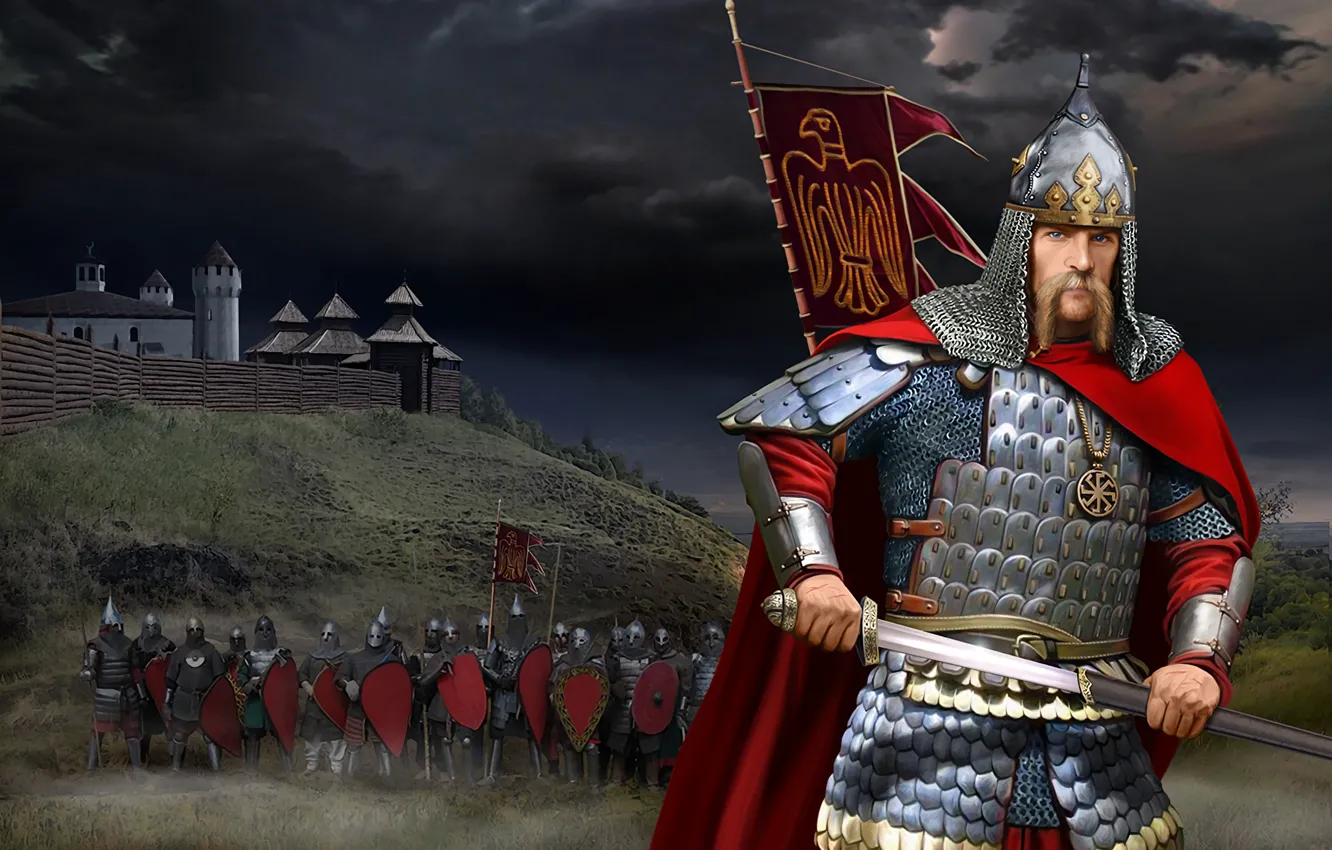 Photo wallpaper figure, Sword, Warrior, Helmet, Kolovrat, squad, Segmented-plate armor, Ancient Rus