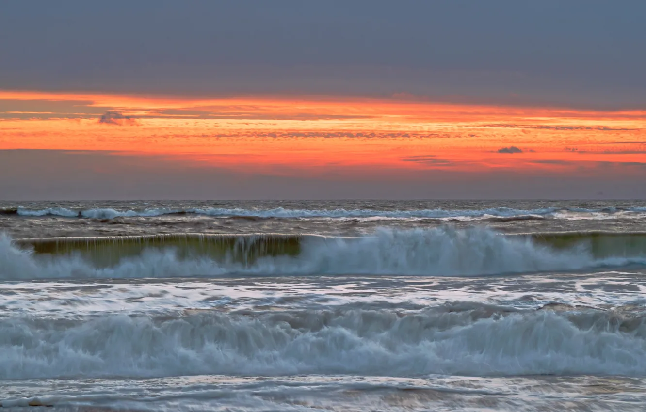 Photo wallpaper sea, wave, clouds, shore, surf, glow