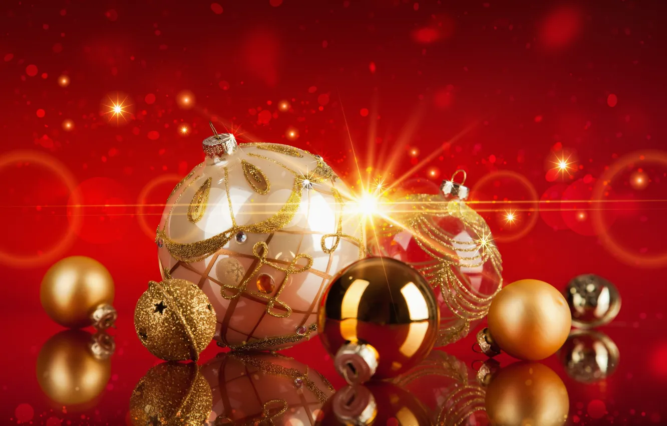 Photo wallpaper decoration, balls, Shine, Christmas, New year, gold, New Year, decoration
