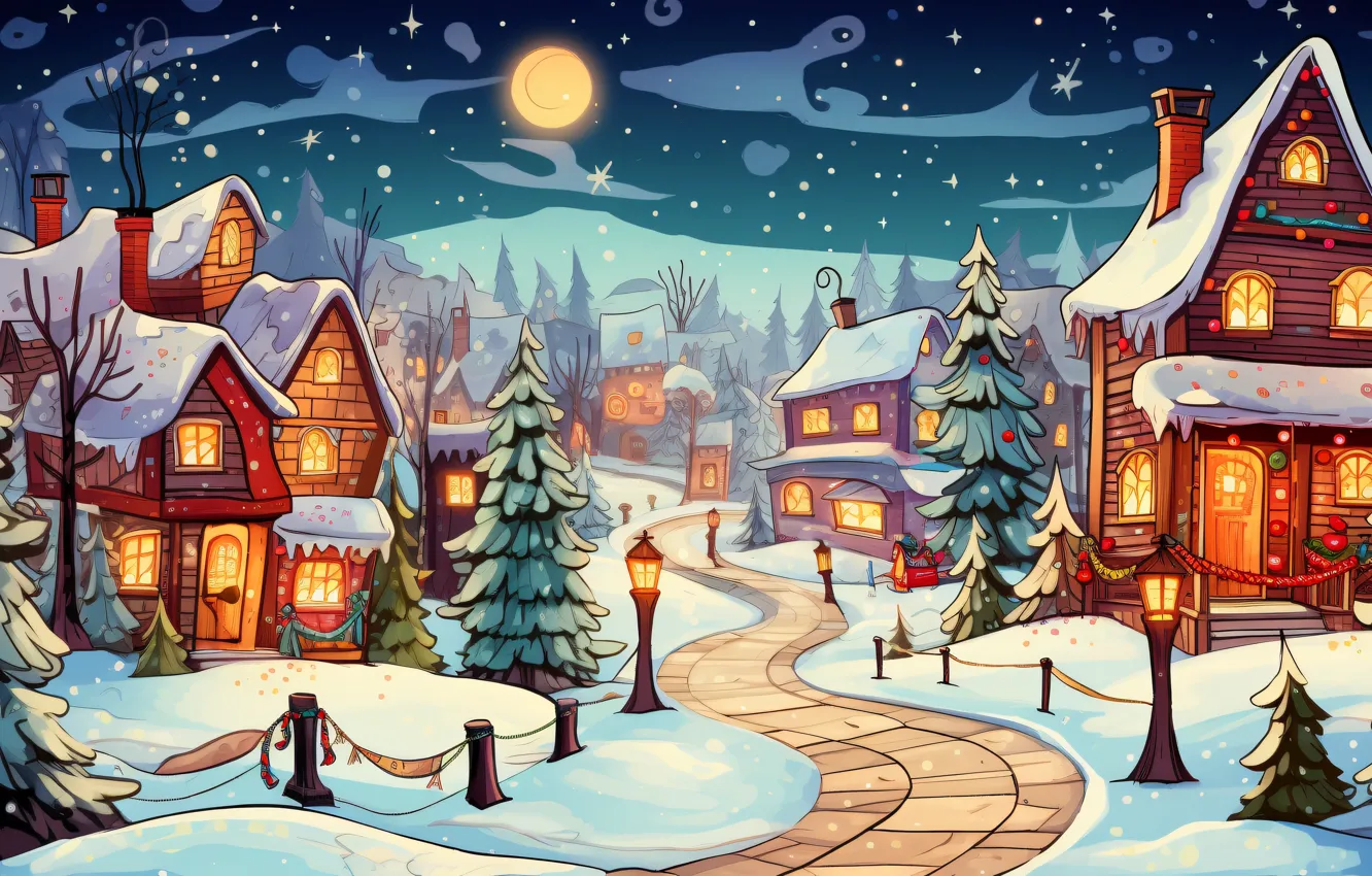 Photo wallpaper winter, snow, holiday, graphics, tree, new year, home, Christmas