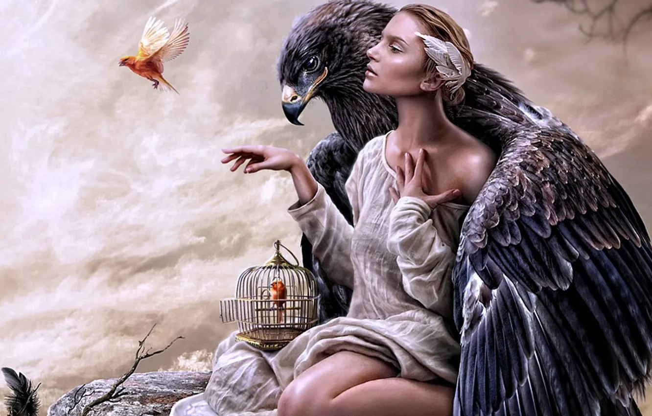 Photo wallpaper girl, bird, eagle, cell, art, eva lagnim