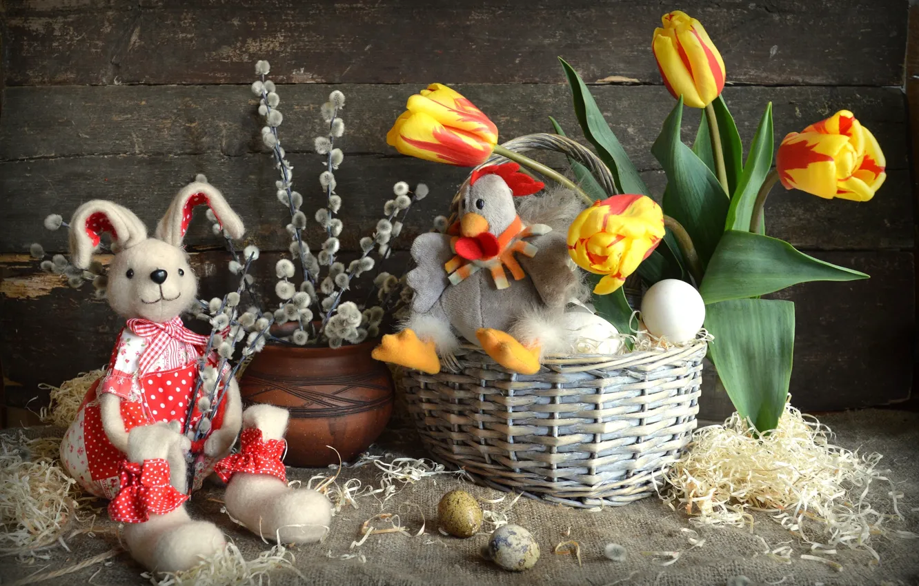 Photo wallpaper toy, eggs, chicken, rabbit, Easter, tulips, Verba