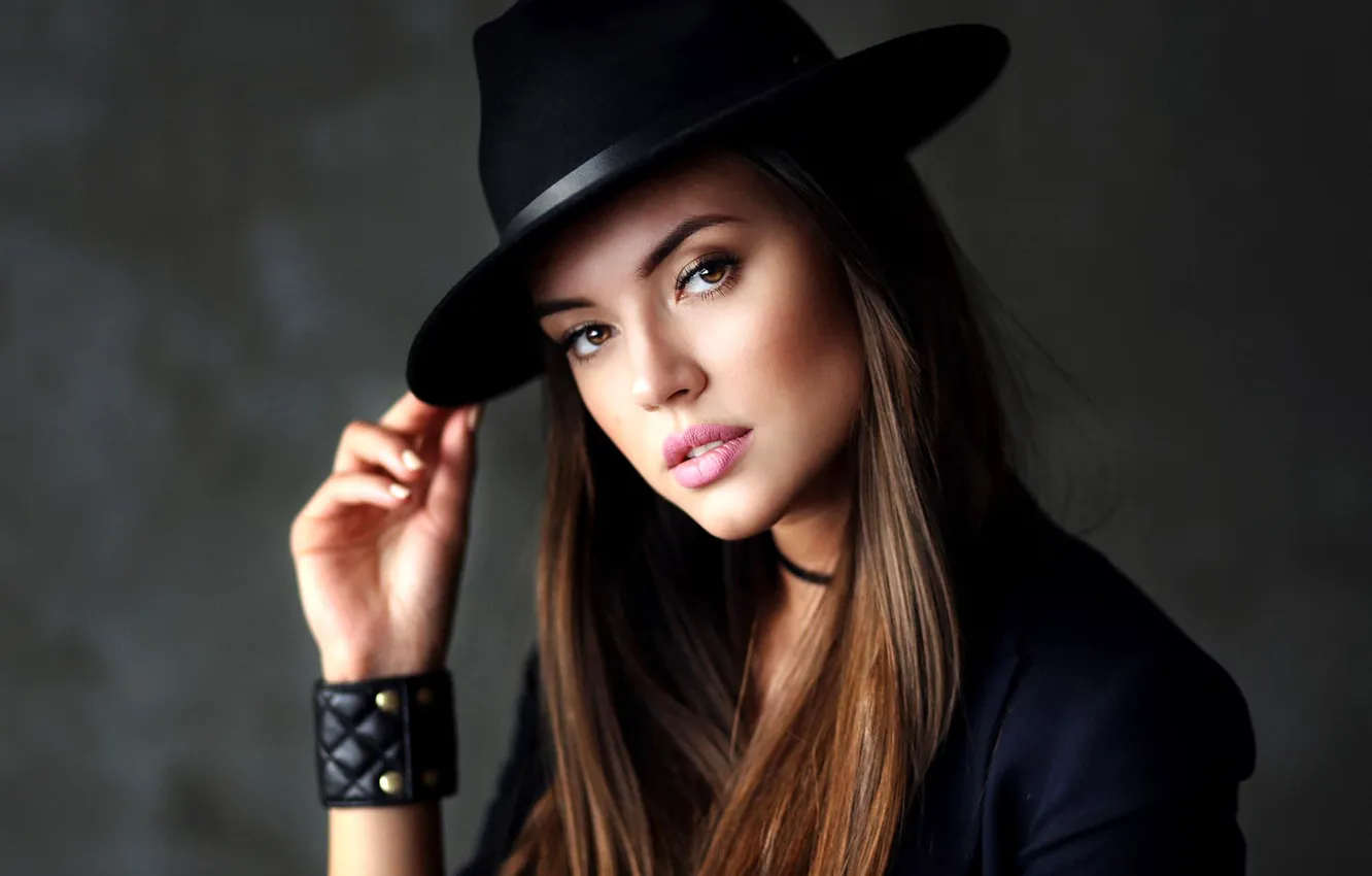 Photo wallpaper Brunette, Model, Background, Hat, Jacket, Long Hair, Look, Makeup
