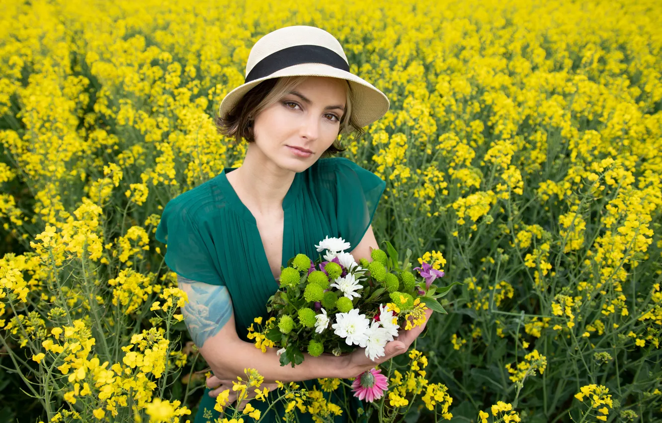 Photo wallpaper field, look, bouquet, hat, dress, rape, Alena