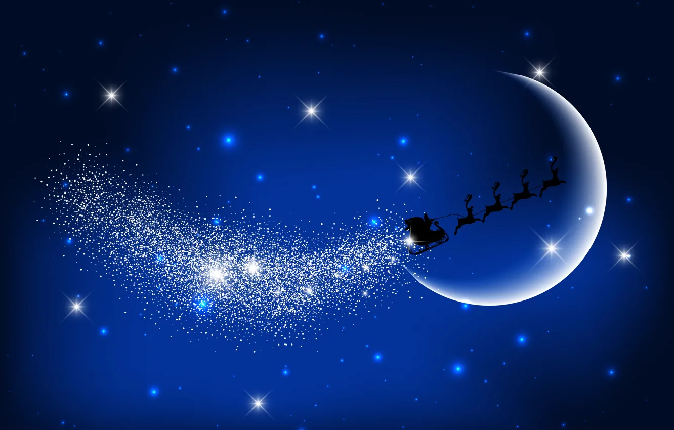 Photo wallpaper winter, stars, night, the moon, new year, deer, Christmas, sleigh