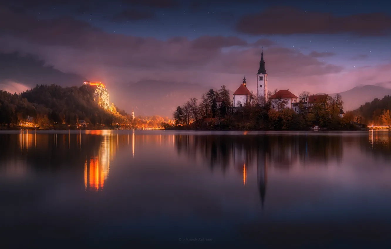 Photo wallpaper the sky, sunset, mountains, lake, the evening, Church, Slovenia, Slovenia