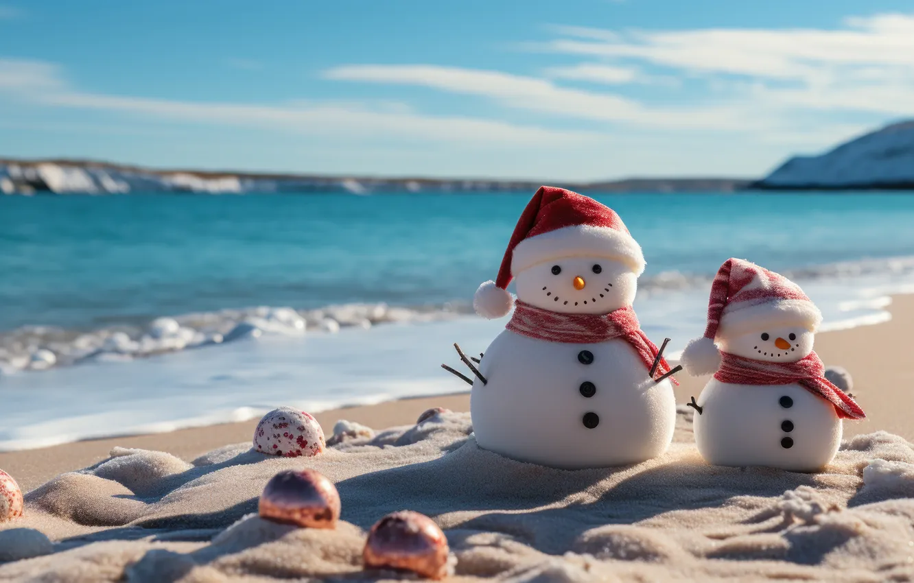 Photo wallpaper sand, sea, beach, snow, snowman, Christmas, beach, sea