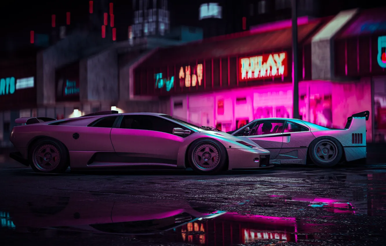 Photo wallpaper style, music, background, the game, neon, Lamborghini, art, Ferrari